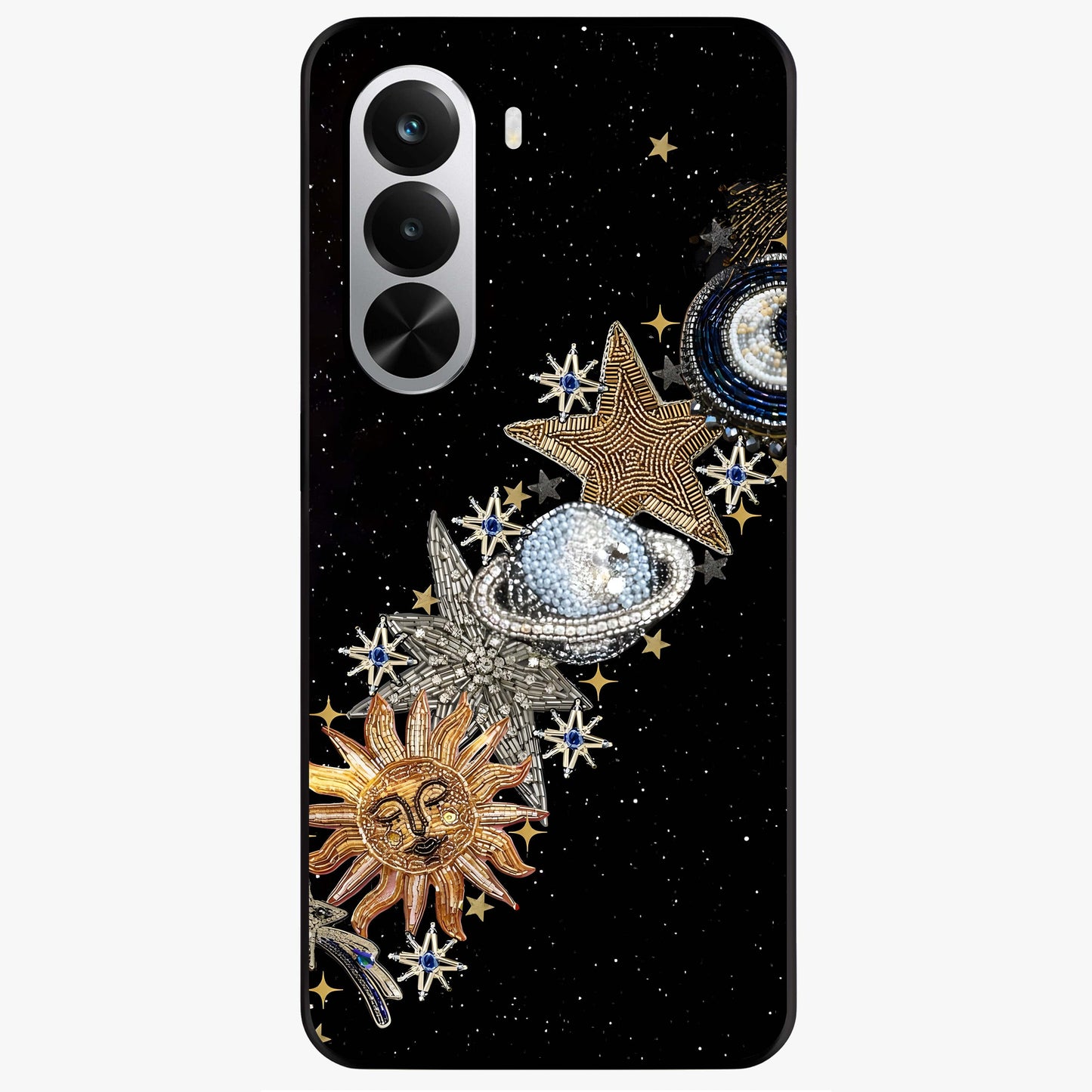 Pearls Universe Object Glass Case showing flat back view with pearl inspired cosmic artwork and glossy glass finish.