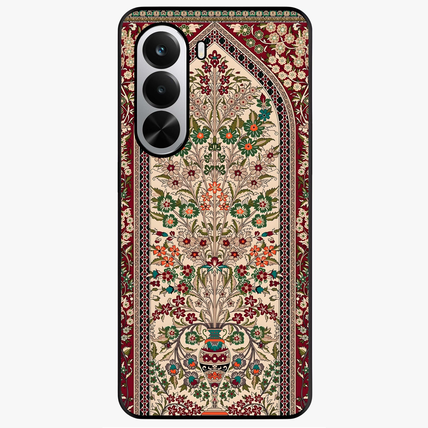 Persian Inspired Glass Case showing flat back view with ornate Persian style pattern artwork and glossy glass finish.