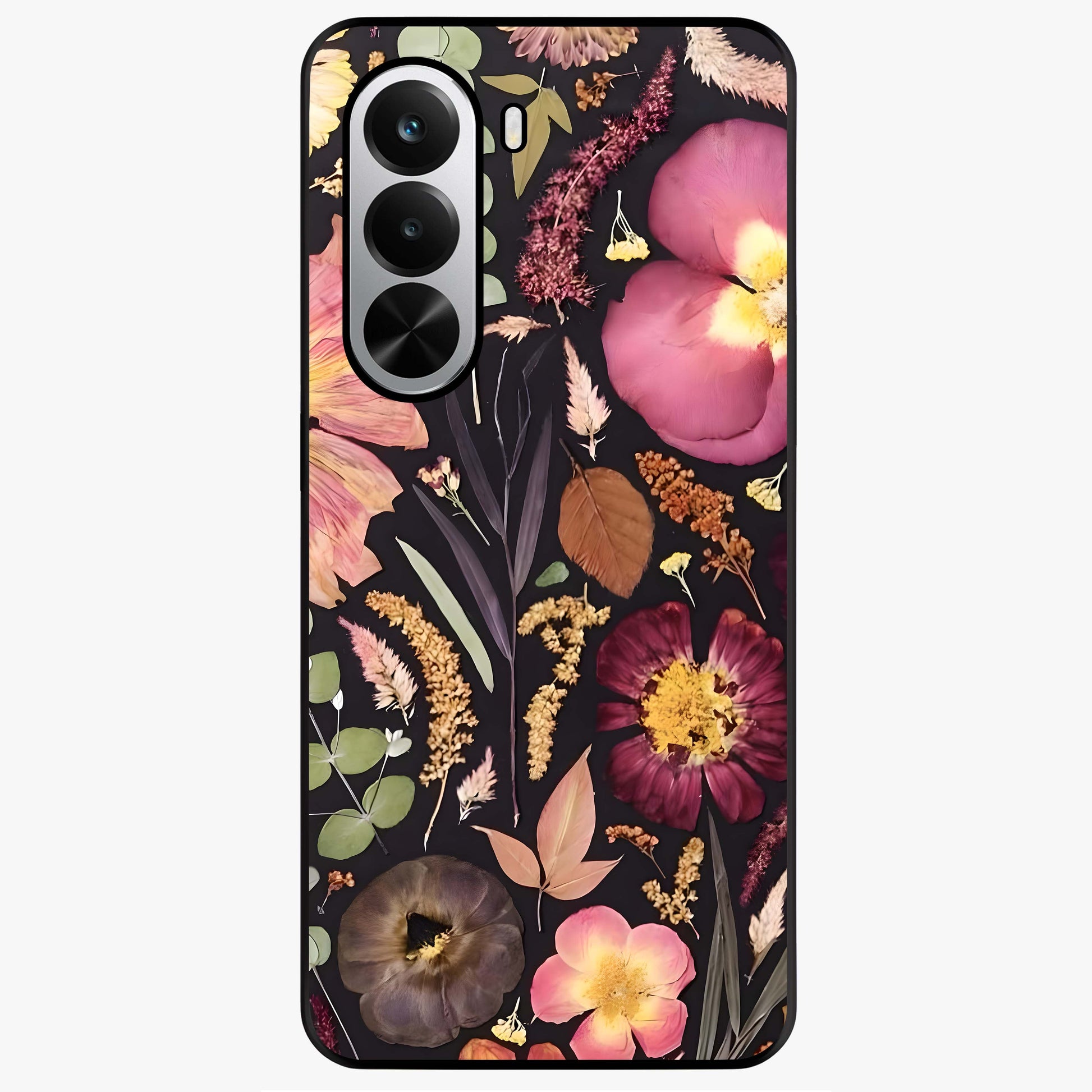 Petal Dream Tapestry Glass Case showing flat back view with intricate floral tapestry artwork and glossy glass finish.