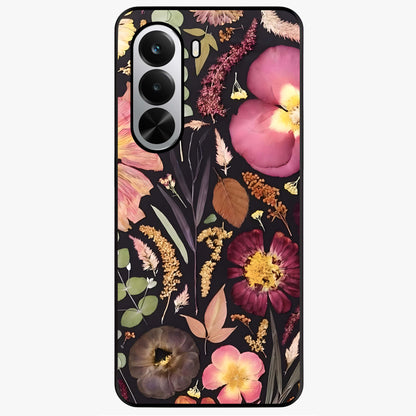 Petal Dream Tapestry Glass Case showing flat back view with intricate floral tapestry artwork and glossy glass finish.