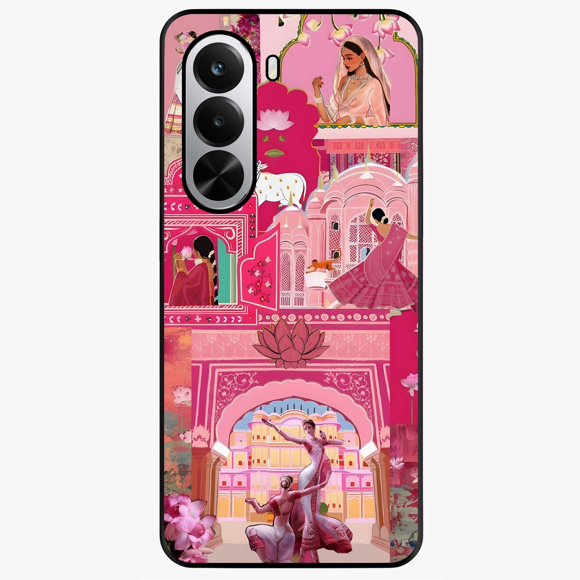 Pink Palace Muse Glass Case showing flat back view with elegant palace inspired artwork and glossy glass finish.