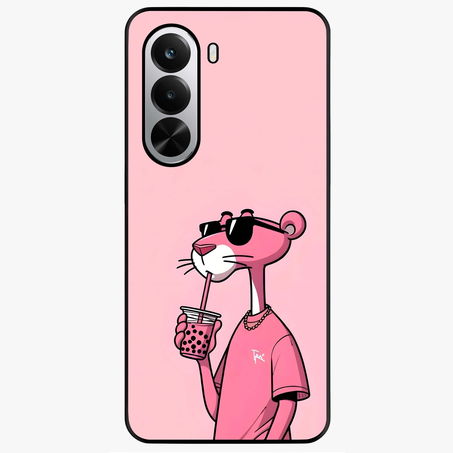 Pink Panther Glass Case showing flat back view with iconic pink panther artwork and glossy glass finish.