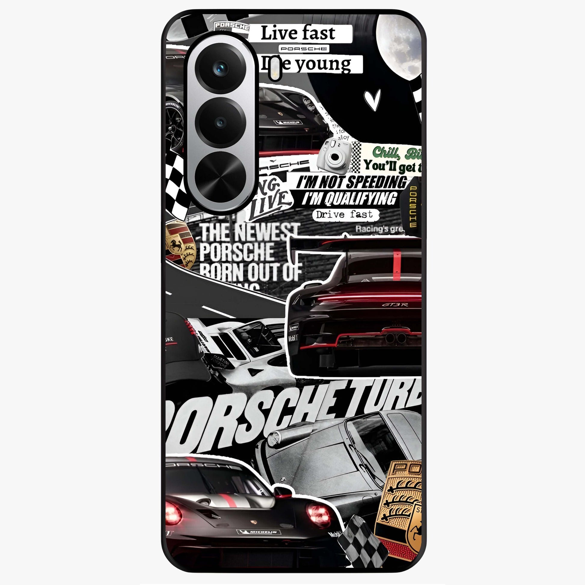 Porsche Racing Collage Glass Case showing flat back view with sports car racing collage artwork and glossy glass finish.