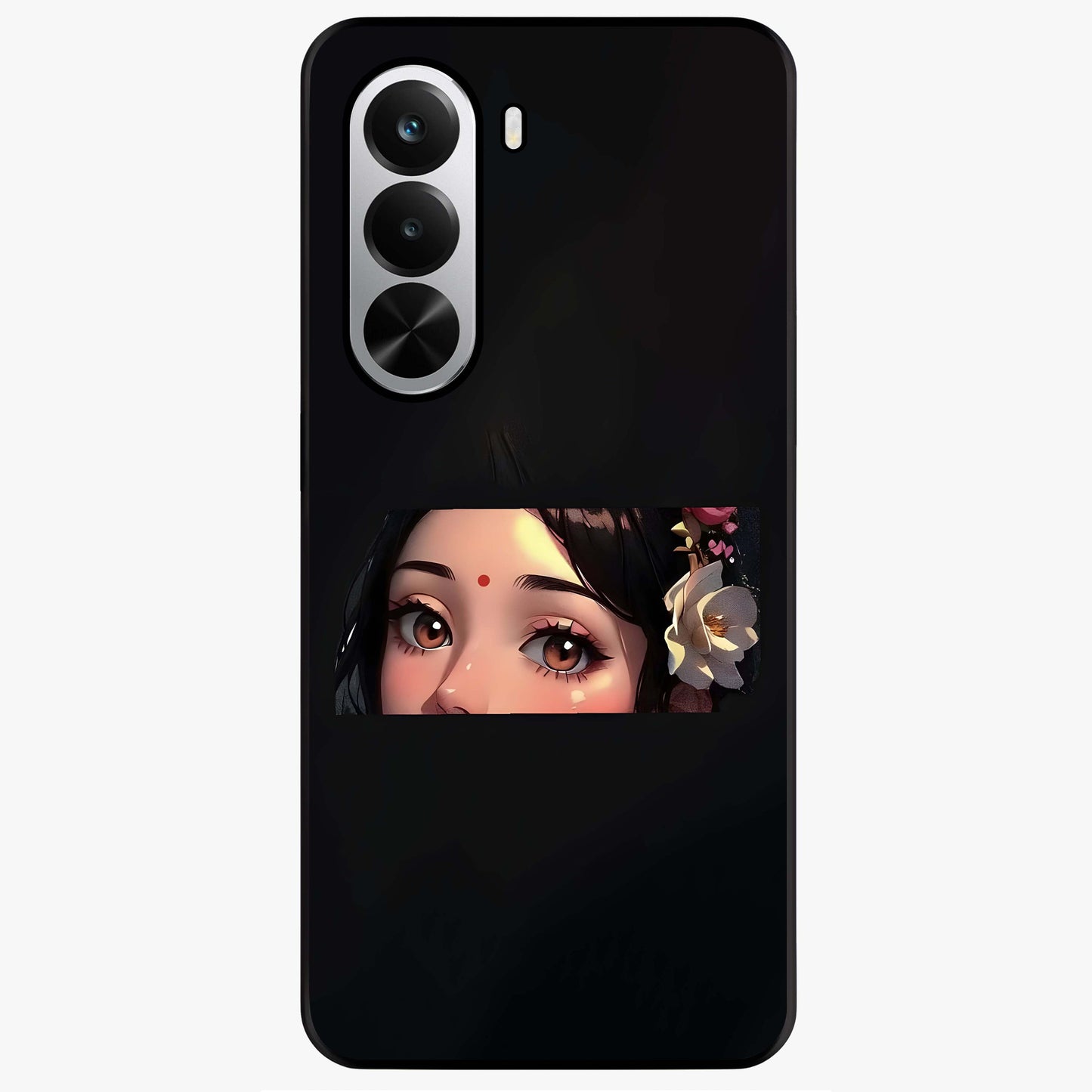 Radha Divine Embrace Glass Case showing flat back view with devotional Radha artwork and glossy glass finish.