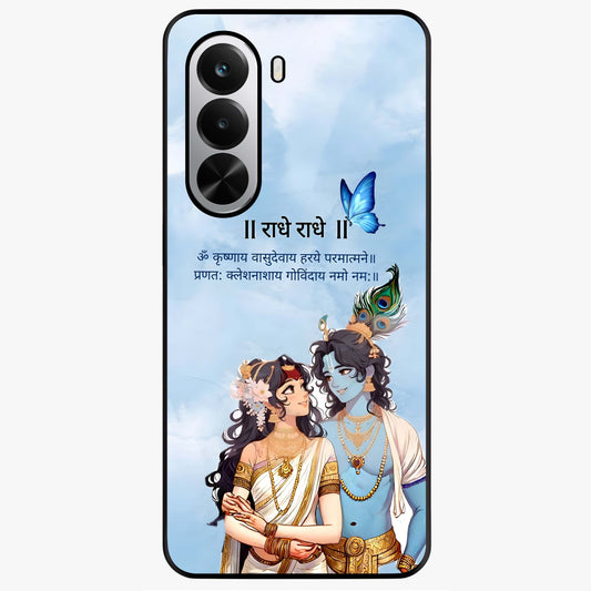 Radha Krishna Eternal Glass Case showing flat back view with Radha Krishna devotional artwork and glossy glass finish.
