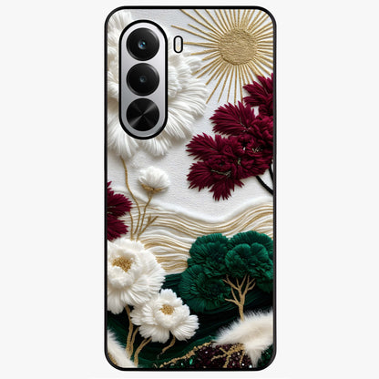 Radiant Bloom Elegance Glass Case showing flat back view with elegant blooming flower artwork and glossy glass finish.