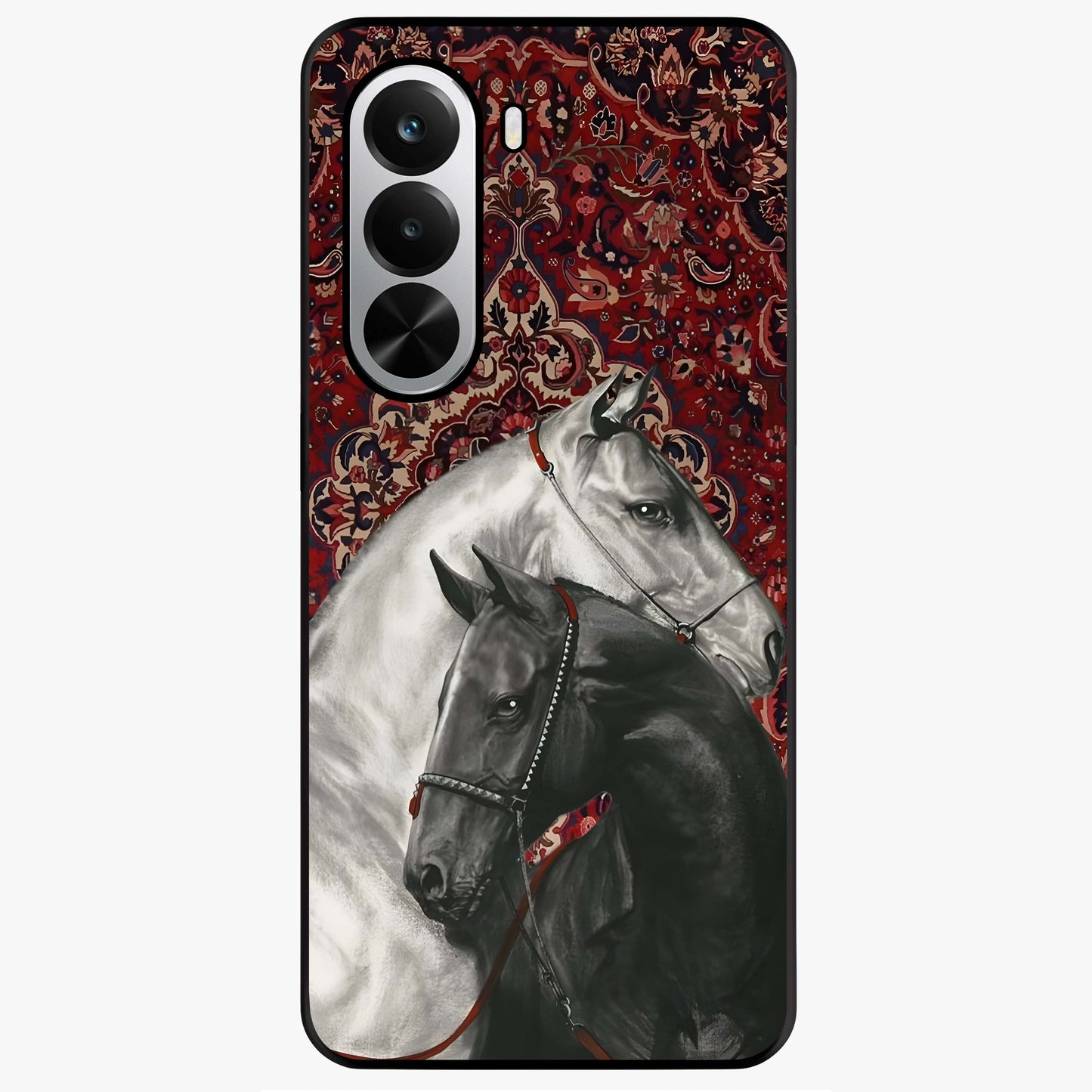 Regal Stallion Tapestry Glass Case showing flat back view with majestic horse tapestry artwork and glossy glass finish.