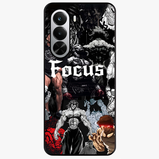 Relentless Power Focus Glass Case showing flat back view with motivational typography artwork and glossy glass finish.