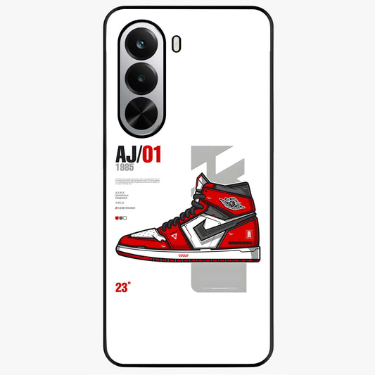 Retro Sneaker Blueprint Glass Case showing flat back view with sneaker blueprint style artwork and glossy glass finish.