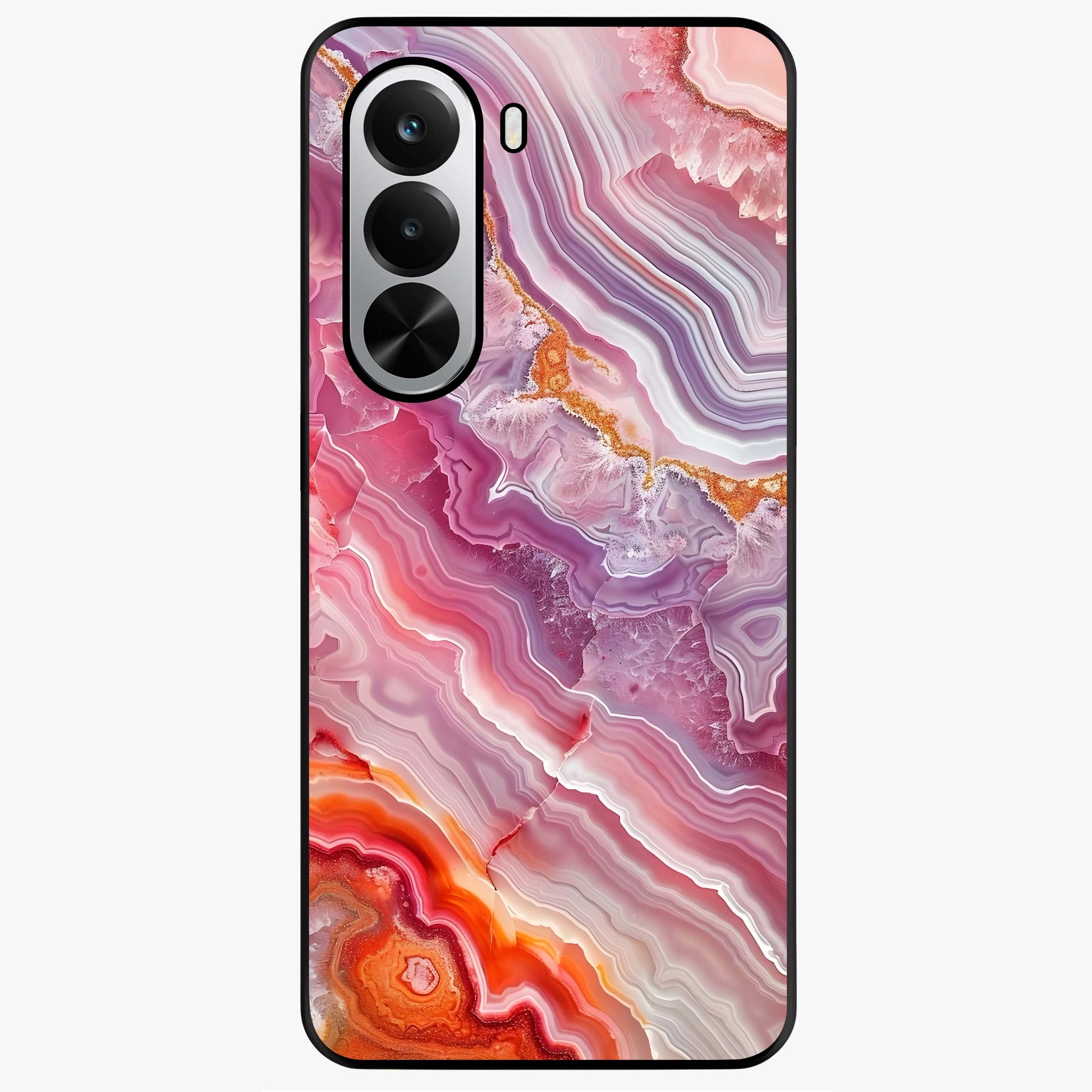 Rose Quartz Marble Glass Case showing flat back view with pink marble quartz texture artwork and glossy glass finish.
