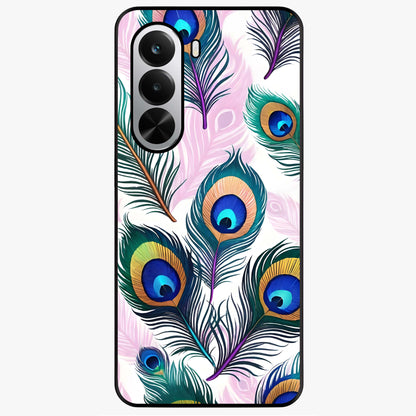 Royal Peacock Feathers Glass Case showing flat back view with colorful peacock feather artwork and glossy glass finish.