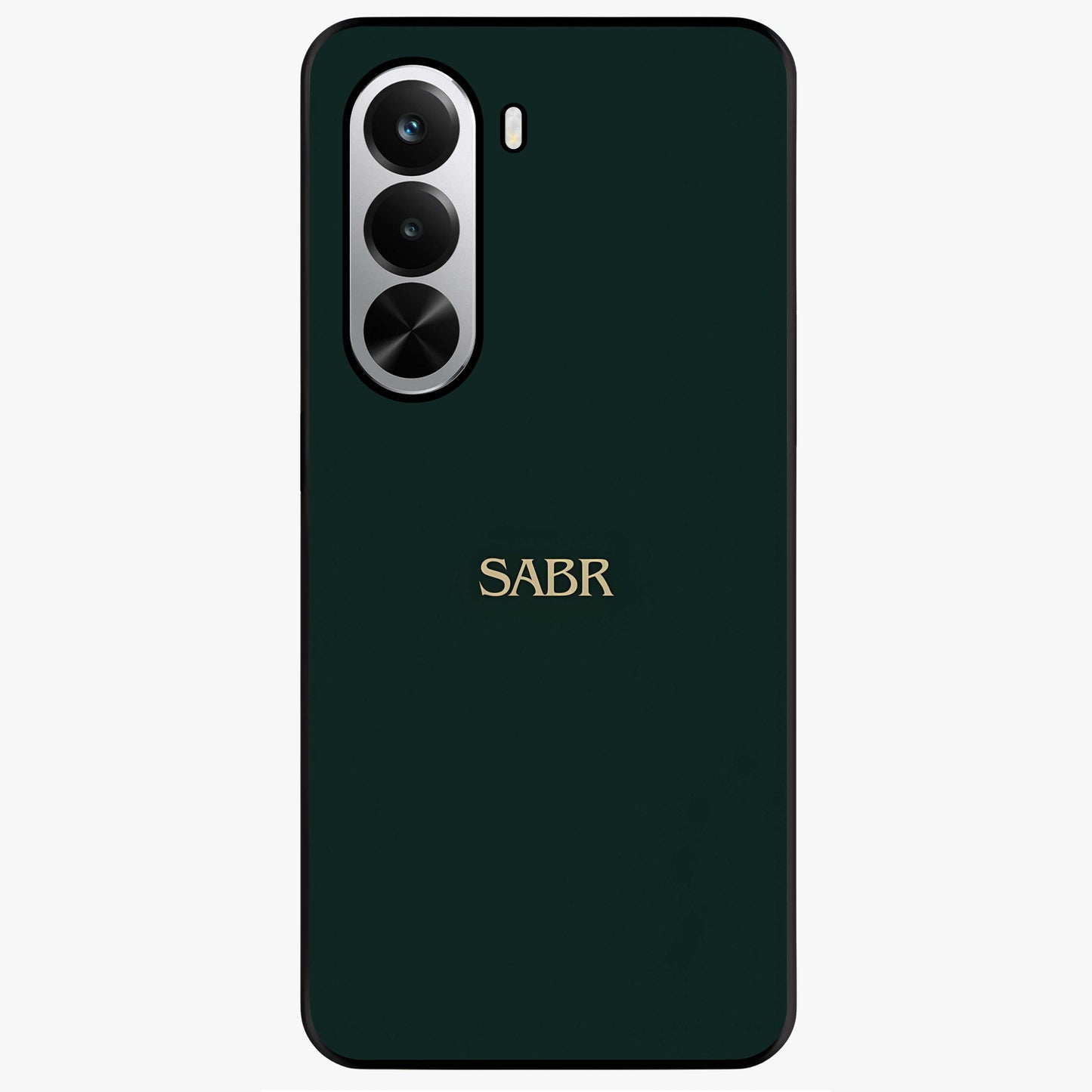 Sabr Minimal Patience Glass Case showing flat back view with minimalist typography artwork and glossy glass finish.