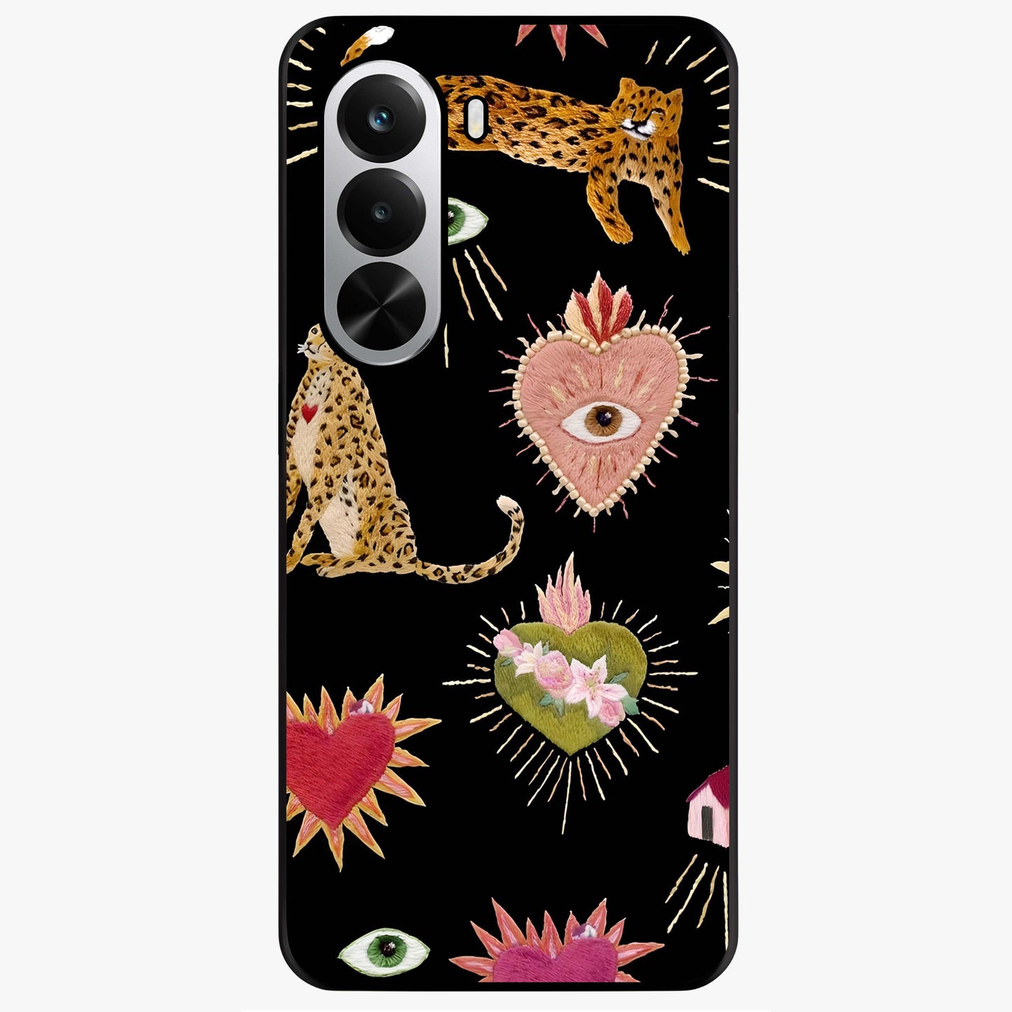 Sacred Jungle Heart Glass Case showing flat back view with jungle inspired heart artwork and glossy glass finish.