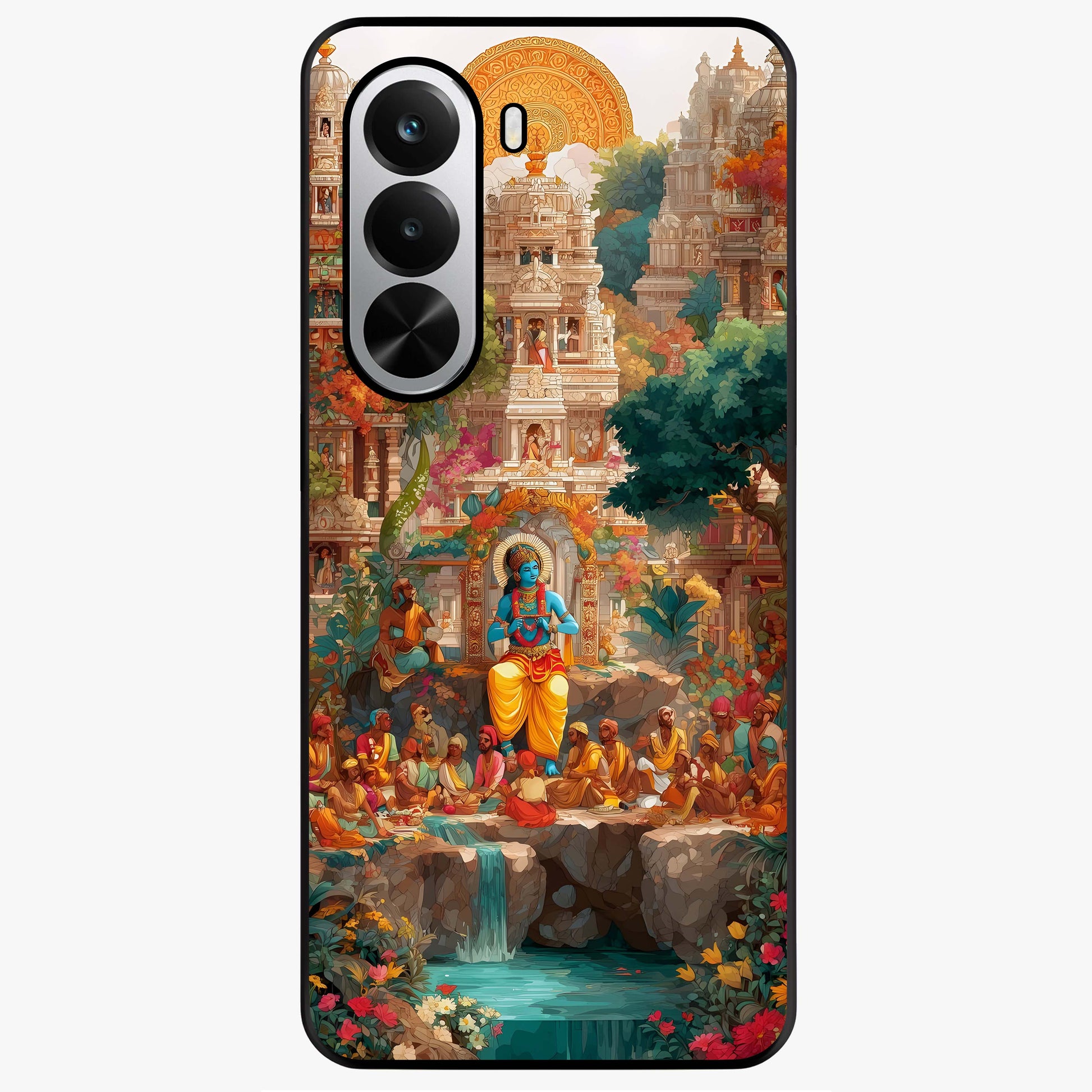 Sacred Sunlight Gods Glass Case showing flat back view with divine sunlight themed artwork and glossy glass finish.