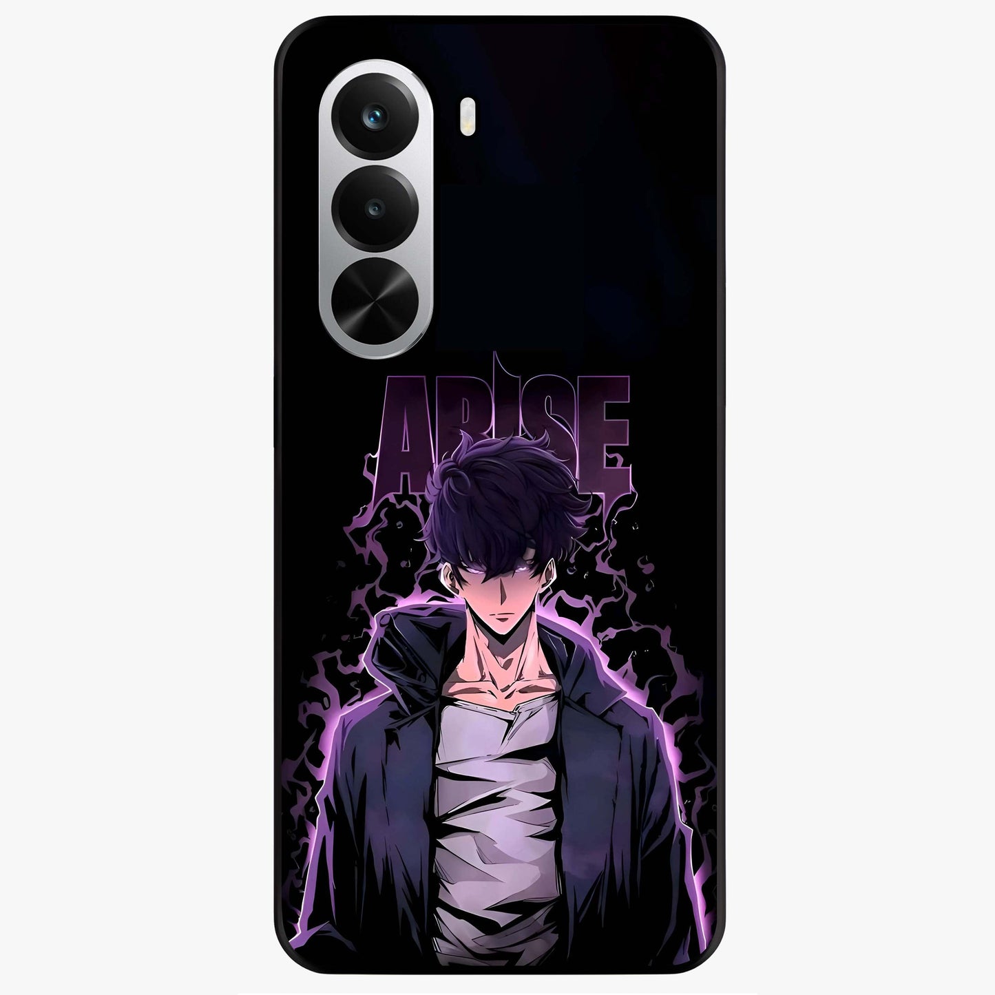 Shadow Monarch Awakening Glass Case showing flat back view with powerful dark monarch themed artwork and glossy glass finish.