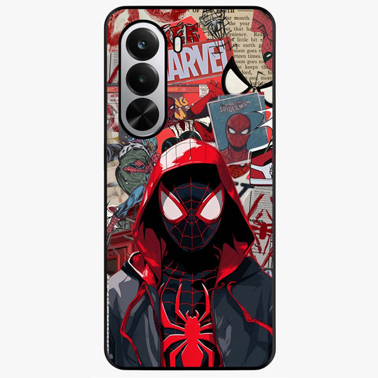 Spider Collage Street Glass Case showing flat back view with vibrant superhero collage artwork and glossy glass finish.
