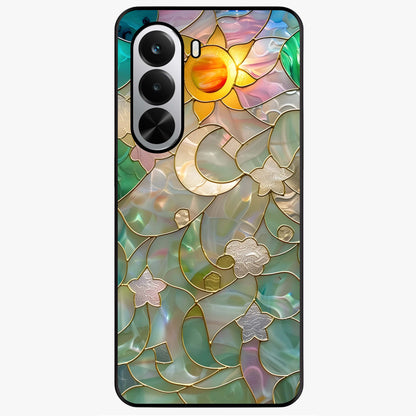 Stained Sunrise Glow Glass Case showing flat back view with glowing sunrise stained pattern artwork and glossy glass finish.