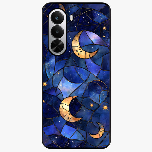 Starlit Sky Tapestry Glass Case showing flat back view with decorative starry sky tapestry artwork and glossy glass finish.