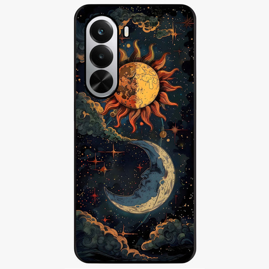 Sun And Moon Magic Design Glass Case showing flat back view with mystical sun and moon artwork and glossy glass finish.