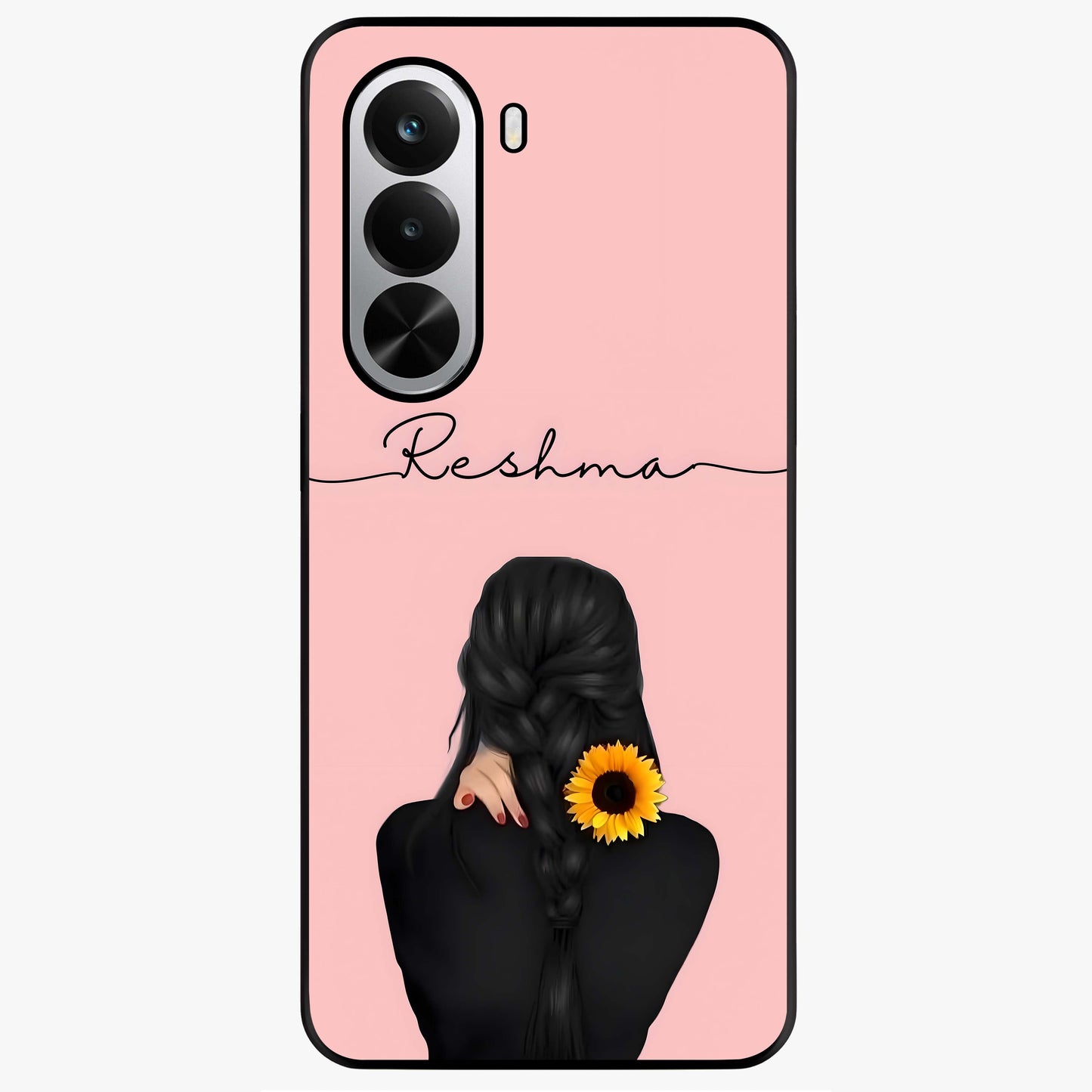 Sunflower Braid Beauty With Custom Name Glass Case showing flat back view with sunflower braid artwork and personalized name design.