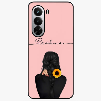 Sunflower Braid Beauty With Custom Name Glass Case showing flat back view with sunflower braid artwork and personalized name design.