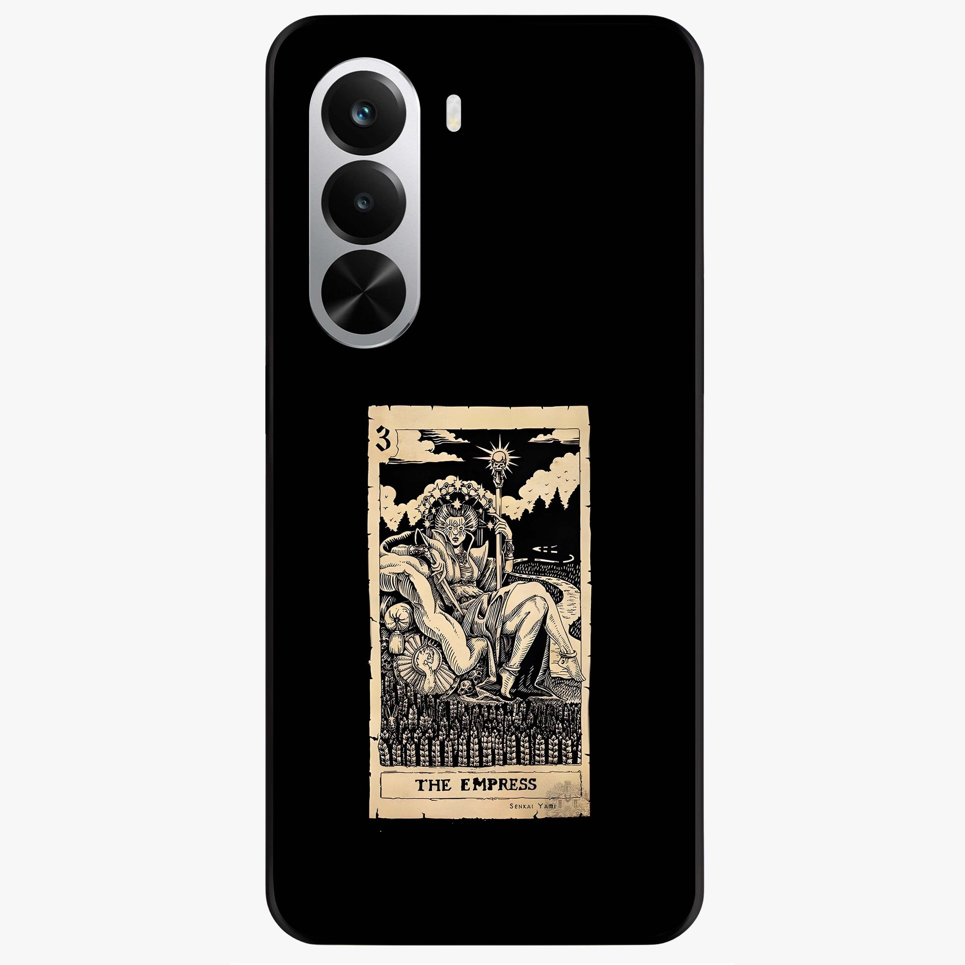 The Empress Glass Case showing flat back view with regal feminine artwork and glossy glass finish.