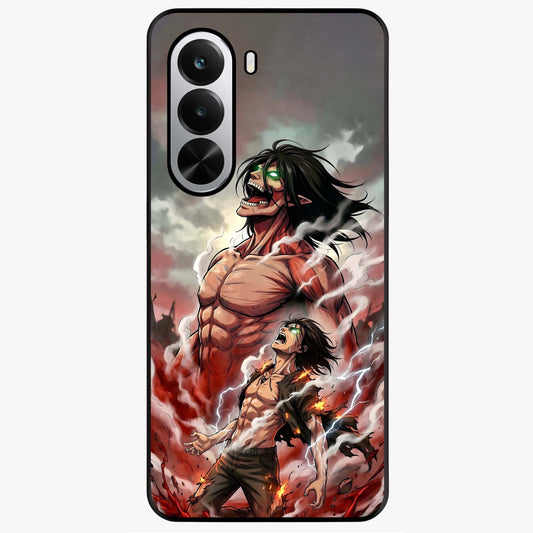 Titan Awakening Fury Glass Case showing flat back view with powerful titan inspired artwork and glossy glass finish.