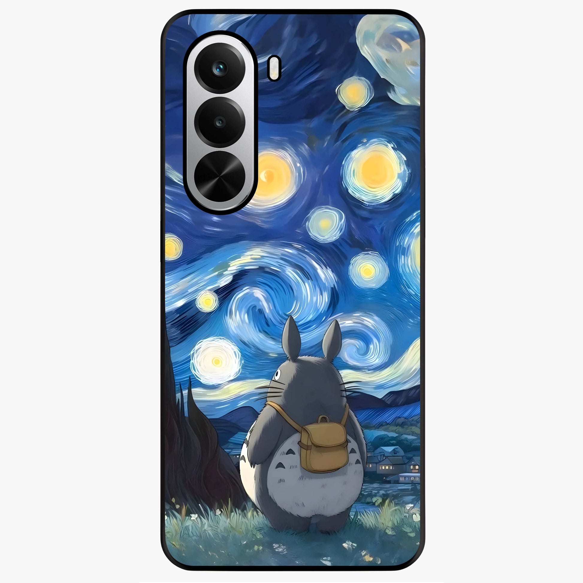 Totoro In Van Gogh Art Glass Case showing flat back view with whimsical character artwork inspired by Van Gogh style and glossy glass finish.