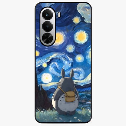 Totoro In Van Gogh Art Glass Case showing flat back view with whimsical character artwork inspired by Van Gogh style and glossy glass finish.