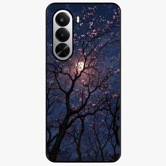 Twilight Sakura Serenade Glass Case showing flat back view with cherry blossom artwork at twilight and glossy glass finish.