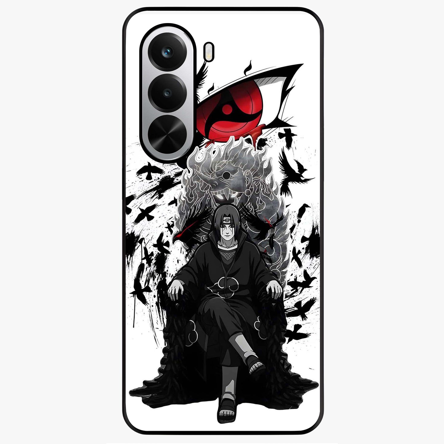 Uchiha Shadow Throne Glass Case showing flat back view with cosmic underwater themed artwork and glossy glass finish.