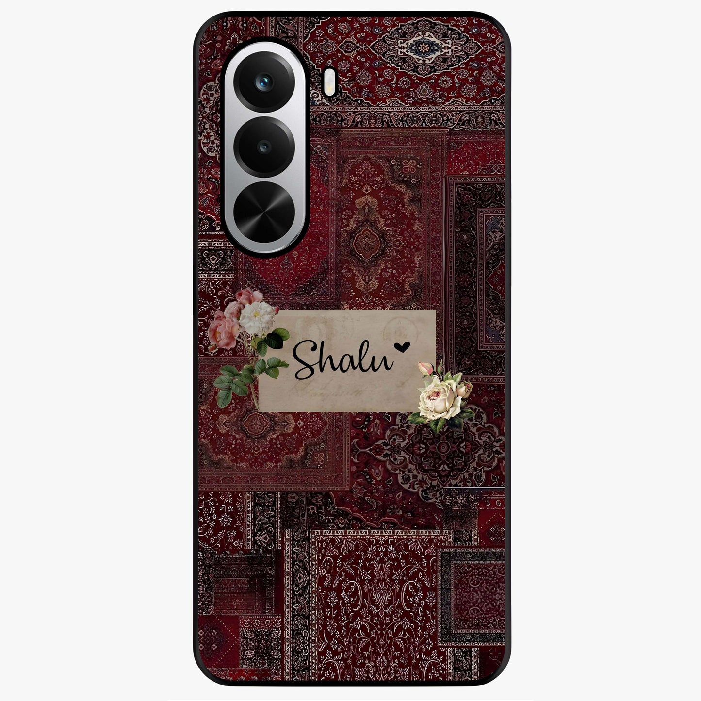 Velvet Wine Pattern Custom Name Glass Case showing flat back view with elegant wine colored pattern artwork and personalized name design.