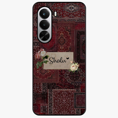 Velvet Wine Pattern Custom Name Glass Case showing flat back view with elegant wine colored pattern artwork and personalized name design.