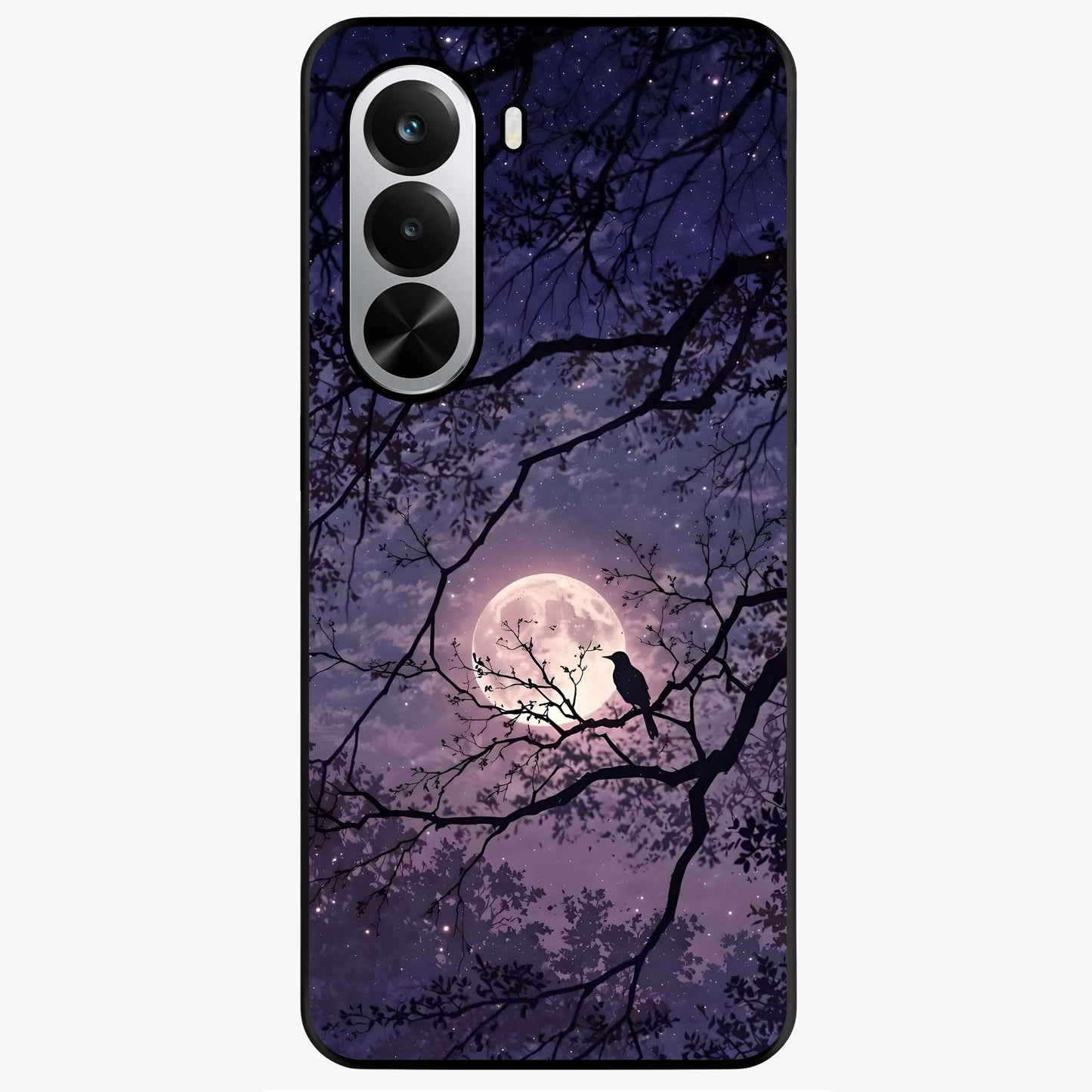 Whispering Moon Silence Glass Case showing flat back view with serene moon themed artwork and glossy glass finish.
