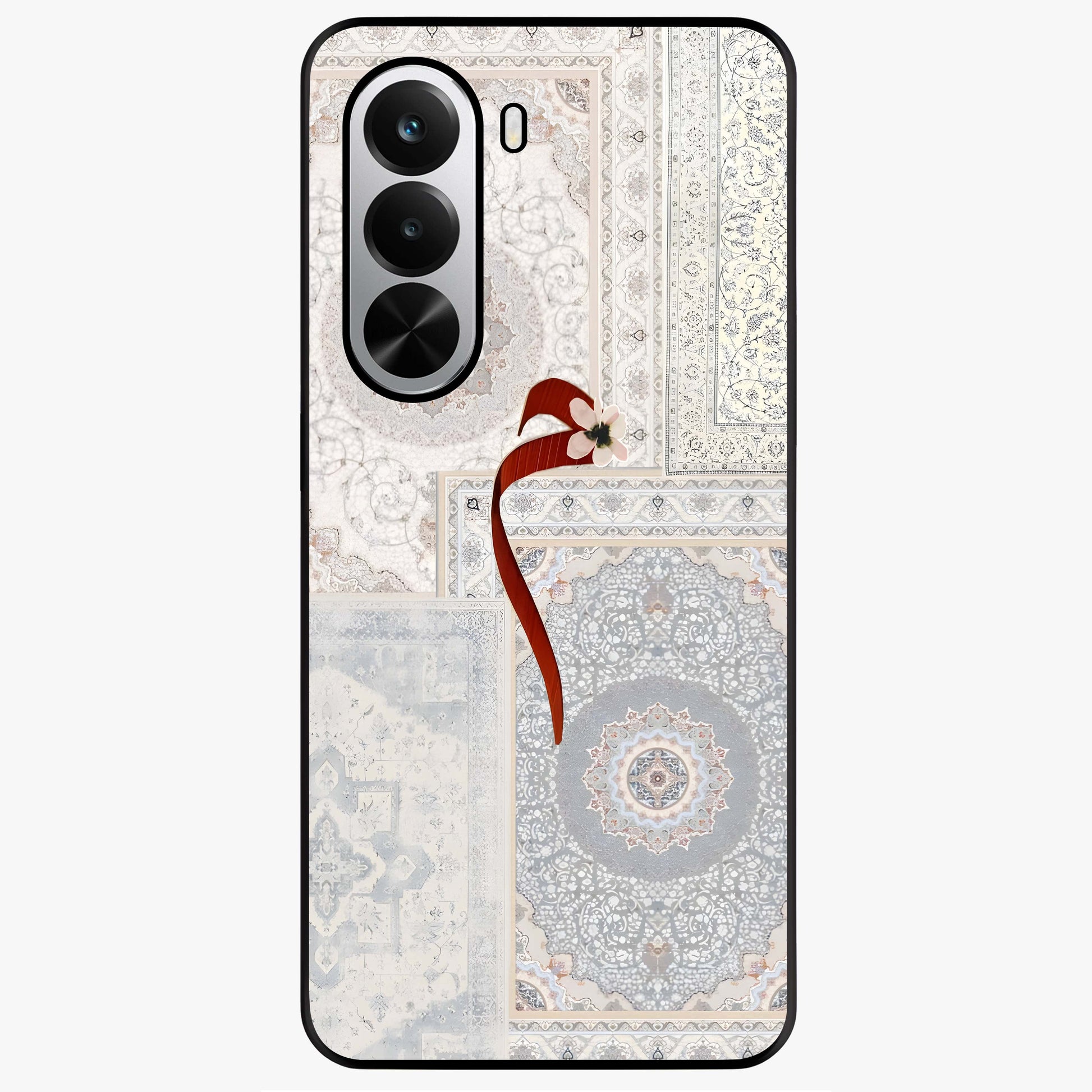 White Aesthetic Bow Glass Case showing flat back view with minimal bow artwork and glossy glass finish.