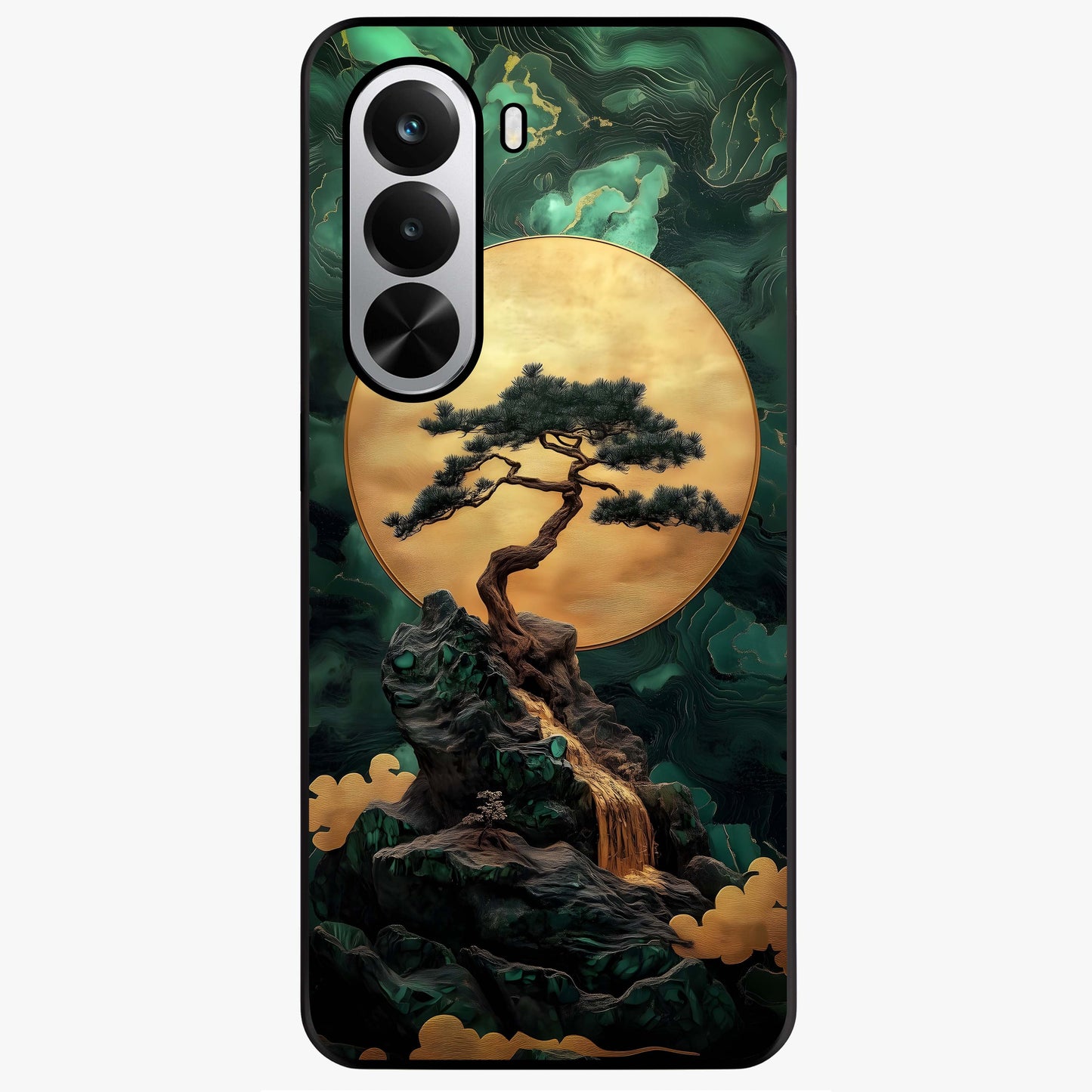 Zen Moon Rise Glass Case showing flat back view with calm moonrise artwork and glossy glass finish.