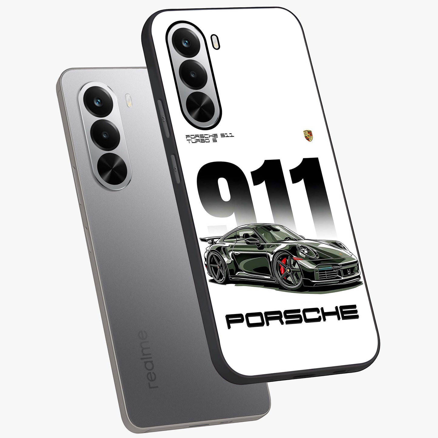 911 Turbo Dominance Glass Case displayed in premium angled mockup highlighting sporty car illustration and sleek glass surface.