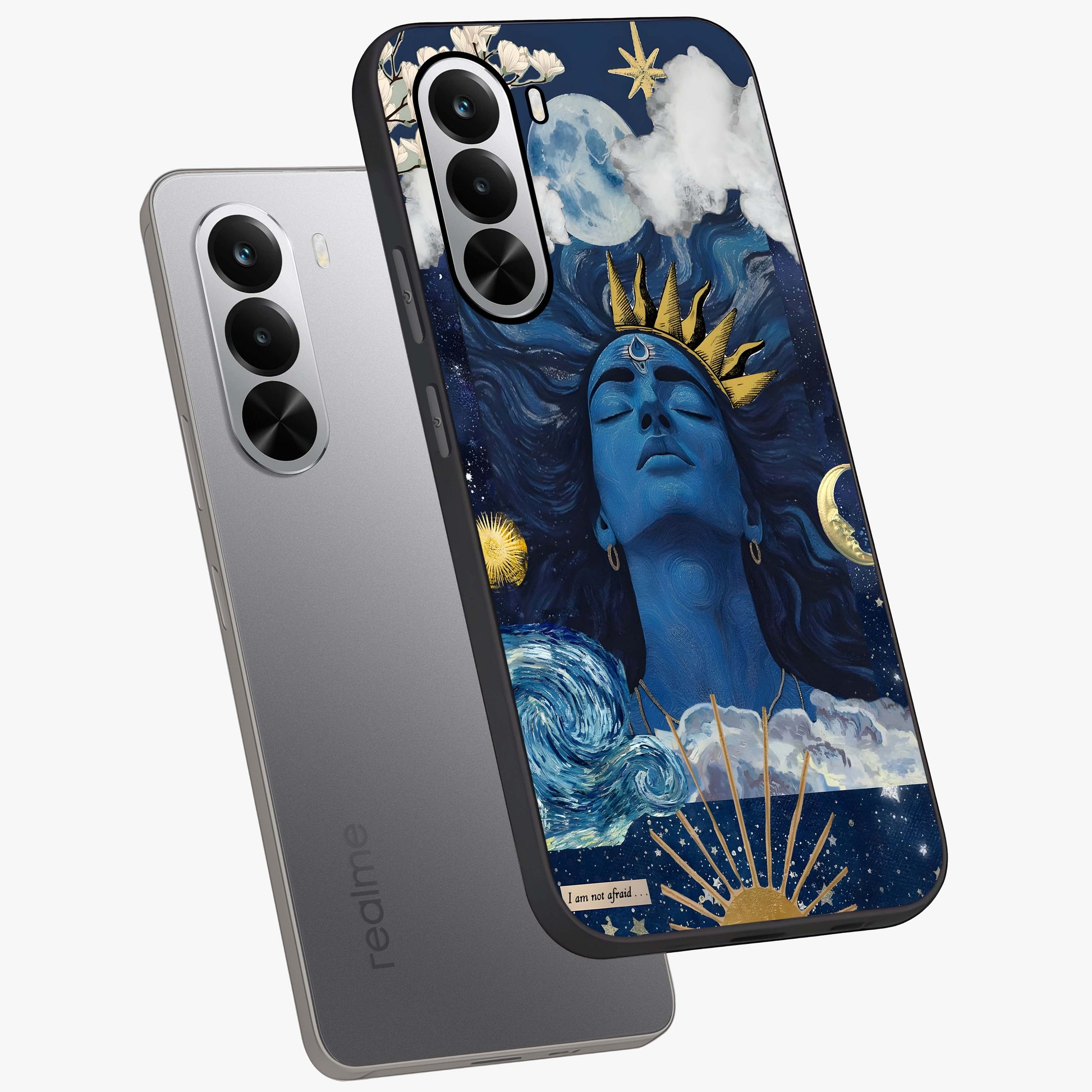 Aesthetic Lord Shiva Glass Case displayed in angled mockup highlighting spiritual Shiva illustration and sacred aesthetic design.