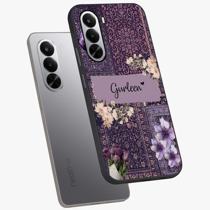 Antique Floral Whisper Custom Name Glass Case displayed in angled mockup highlighting elegant antique floral aesthetic.