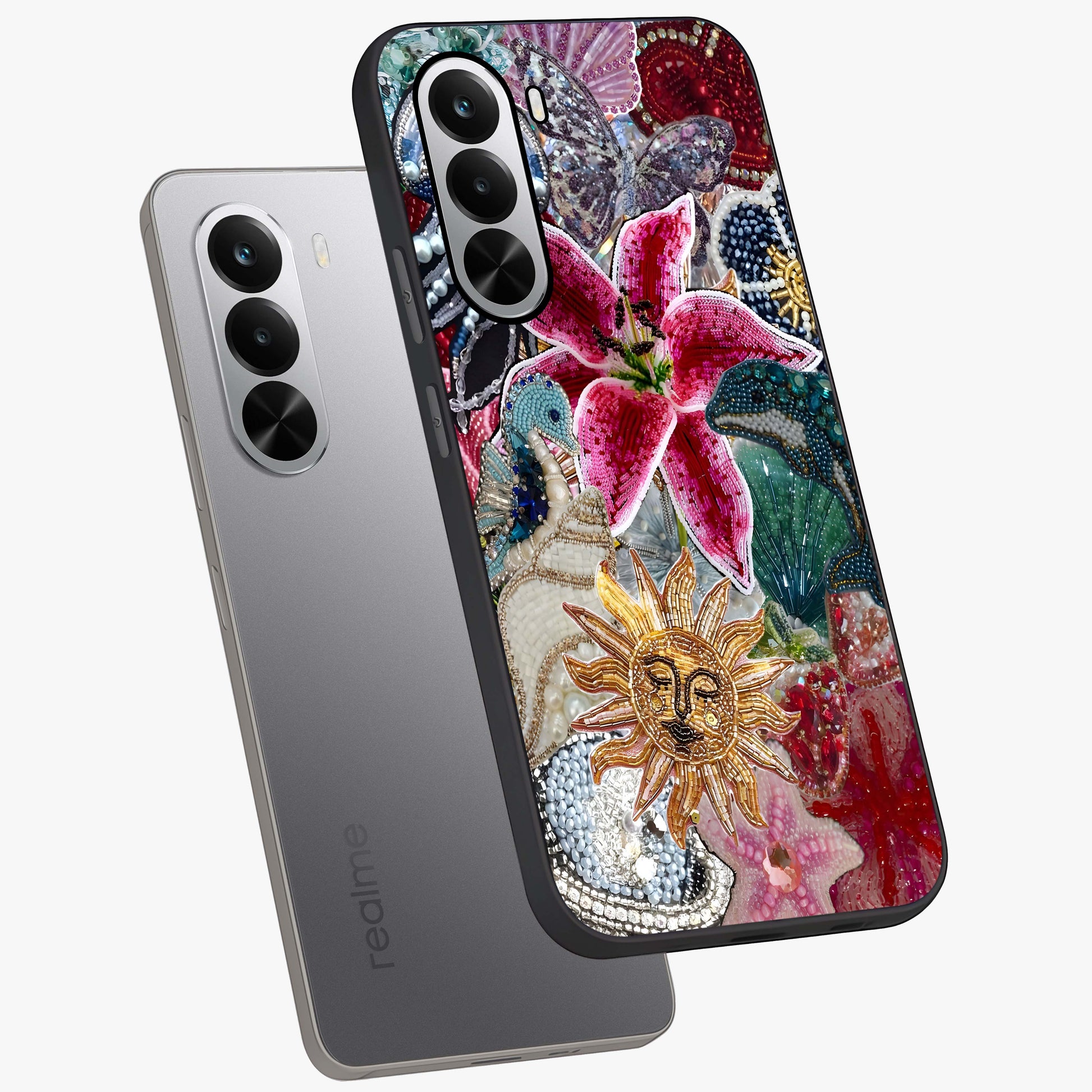 Beaded Garden Fantasy Glass Case displayed in angled mockup highlighting fantasy inspired floral bead pattern.