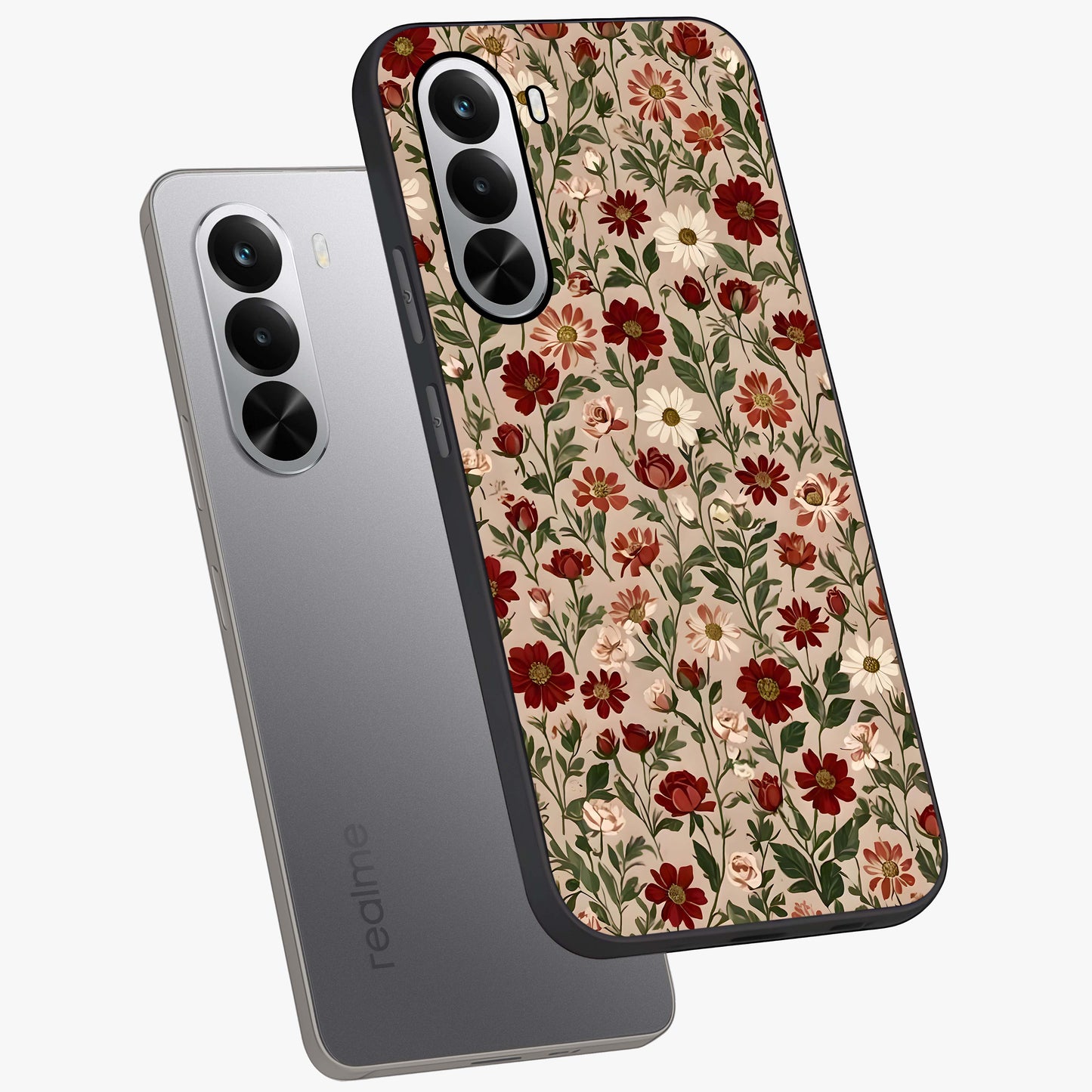 Biege Flower With Leaf Glass Case displayed in angled mockup highlighting minimal floral leaf design and elegant aesthetic.
