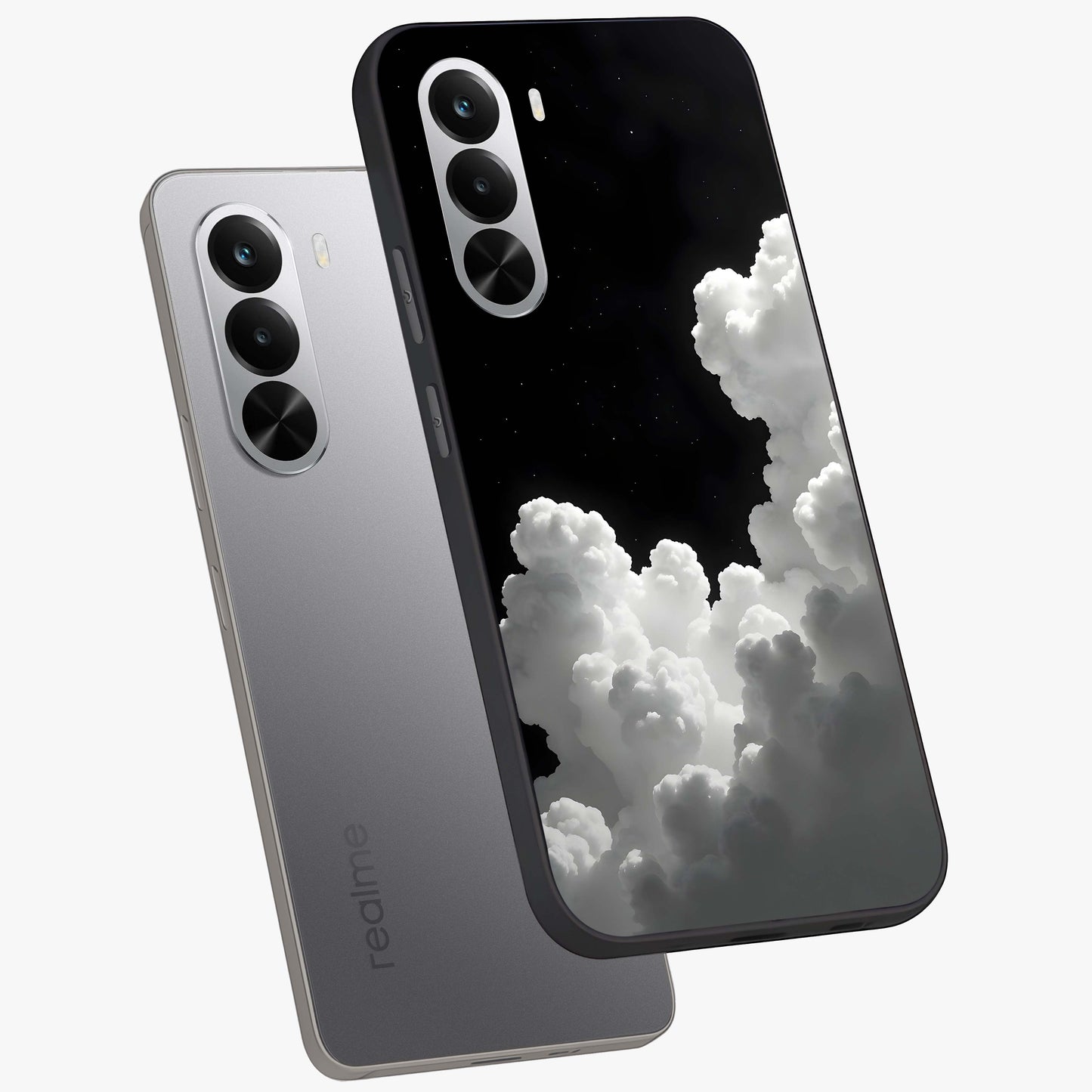 Black Background With White Cloud Glass Case displayed in angled mockup highlighting soft white cloud illustration and minimal design.
