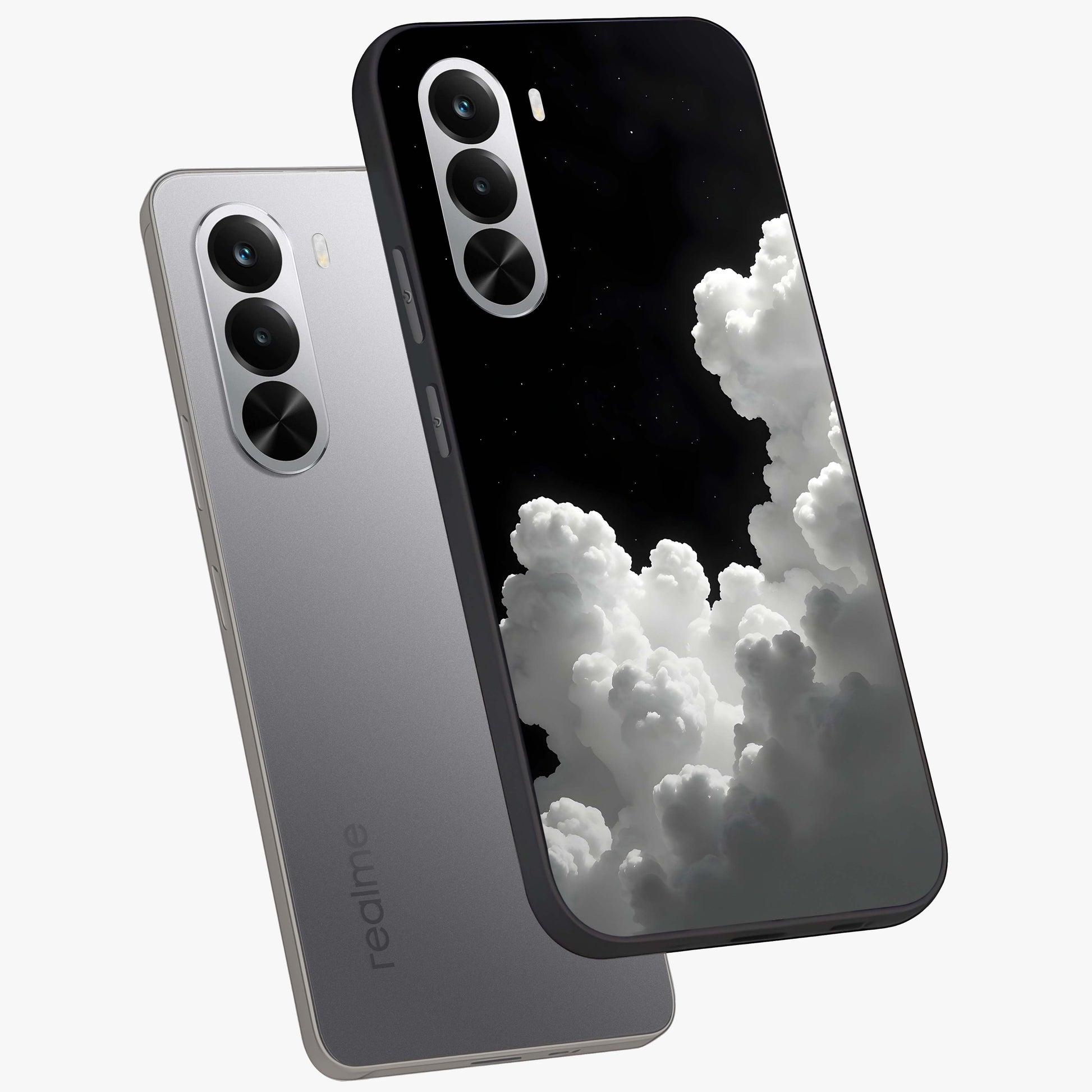 Black Background With White Cloud Glass Case displayed in angled mockup highlighting soft white cloud illustration and minimal design.