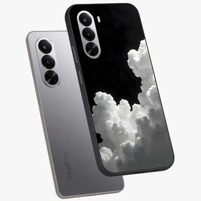 Black Background With White Cloud Glass Case displayed in angled mockup highlighting soft white cloud illustration and minimal design.