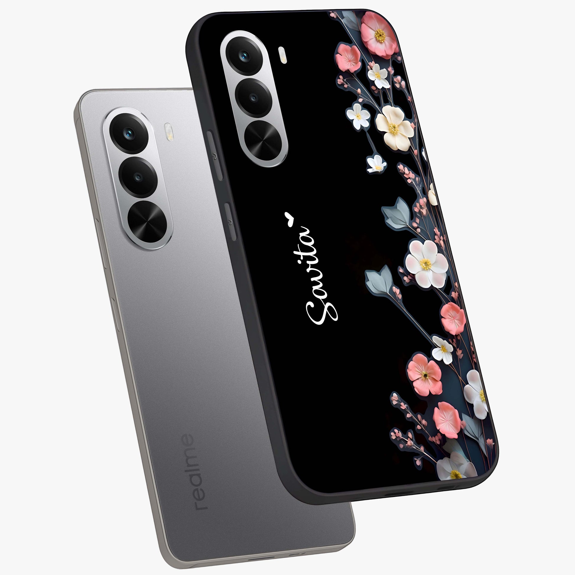 Black Elegance Floral Custom Name Glass Case displayed in angled mockup highlighting dark floral aesthetic and custom name feature.