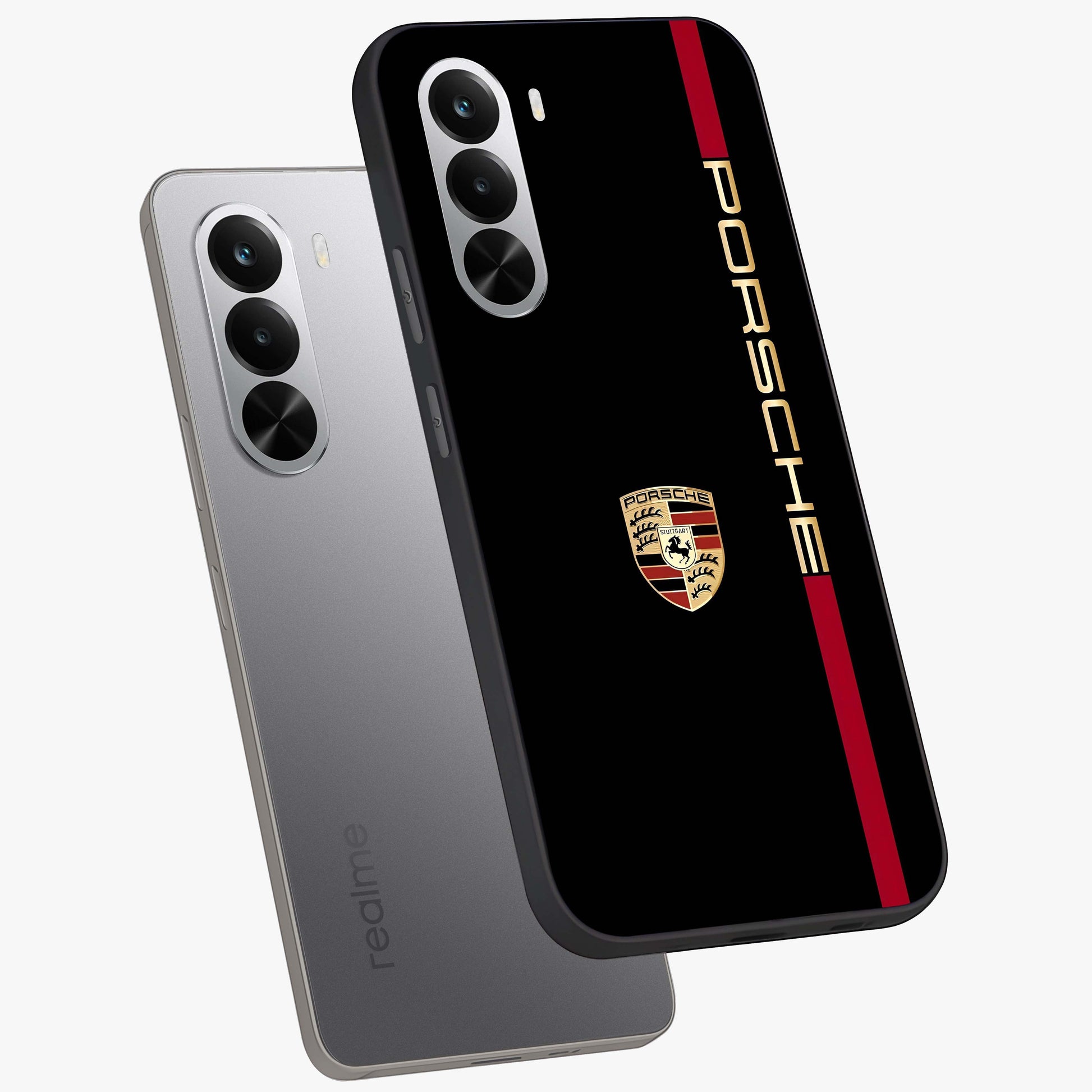 Black Minimal Porsche Glass Case displayed in angled mockup highlighting modern minimal car illustration and clean aesthetic design.