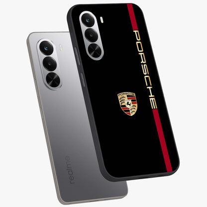 Black Minimal Porsche Glass Case displayed in angled mockup highlighting modern minimal car illustration and clean aesthetic design.