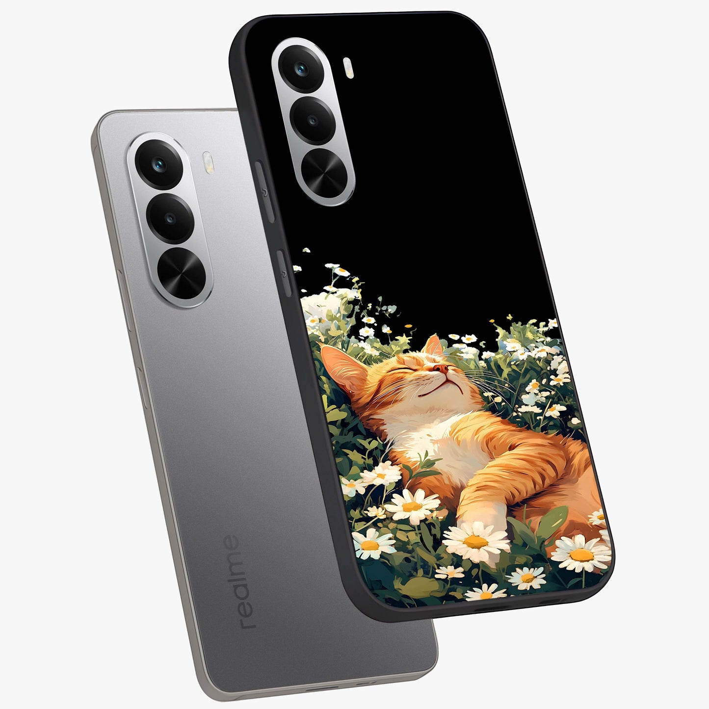 Blissful Bloom Cat Glass Case displayed in angled mockup highlighting playful feline illustration with soft floral aesthetic.