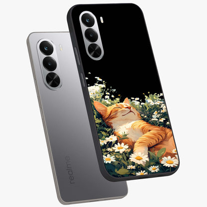 Blissful Bloom Cat Glass Case displayed in angled mockup highlighting playful feline illustration with soft floral aesthetic.