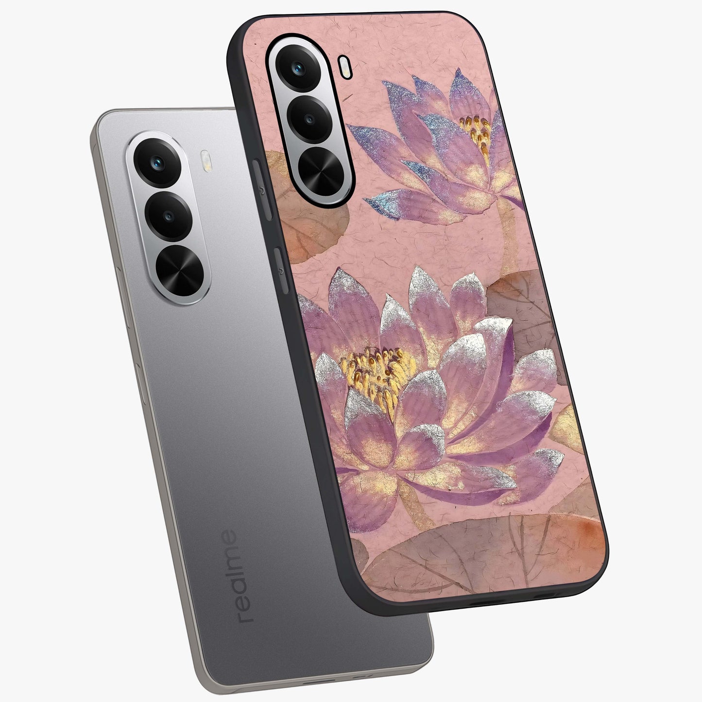 Blossom Mist Lotus Glass Case displayed in angled mockup highlighting delicate lotus illustration with calm aesthetic theme.